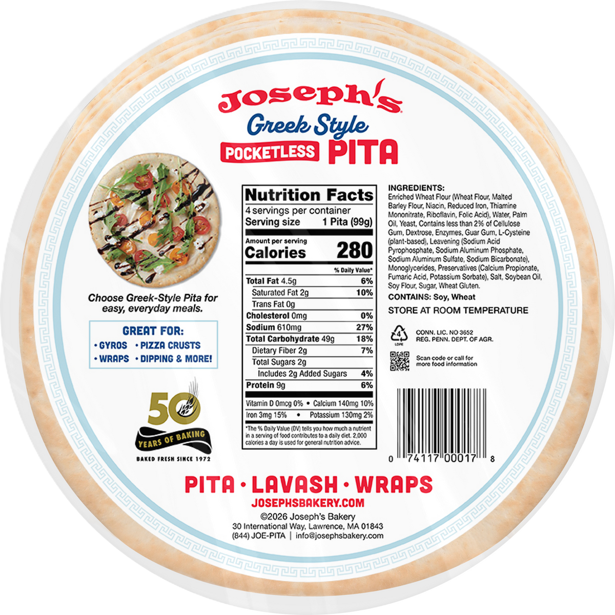 Greek Style Pocketless Pita Bread – Joseph's Bakery